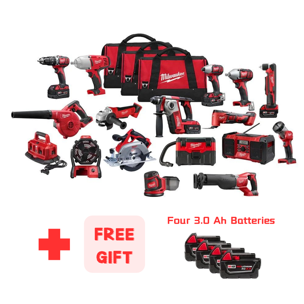 Red and black 16-piece cordless power tool kit