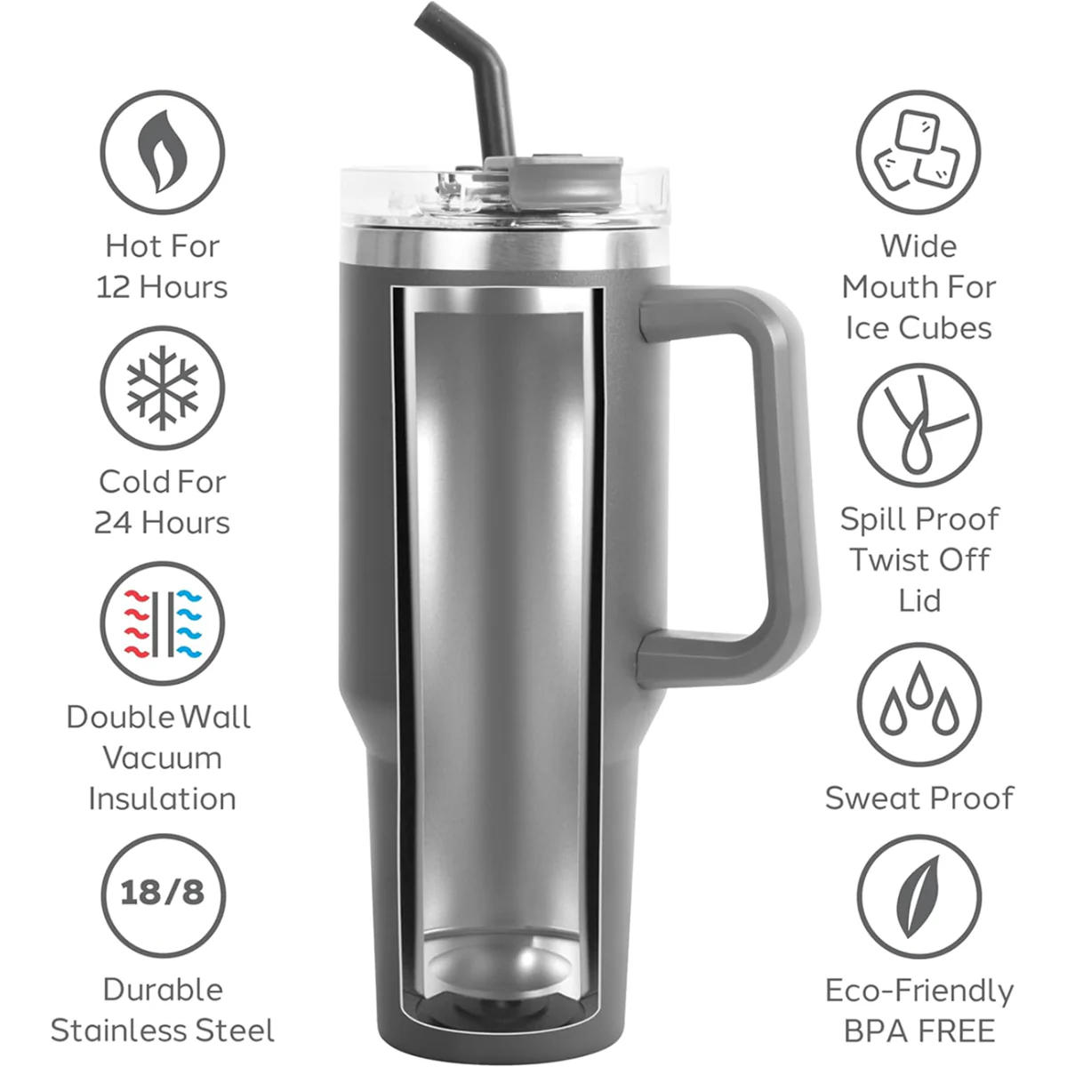 40oz Double Wall Vacuum Insulated Tumbler With Straw - Grey