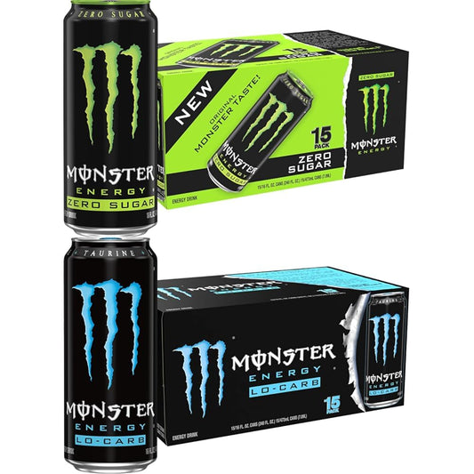 Monster Energy Zero Sugar, Green, Original, 16oz (Pack of 15) + Monster Energy, Lo-Carb Monster, 16oz (Pack of 15) | Monster Energy Bundle (Pack of 30)