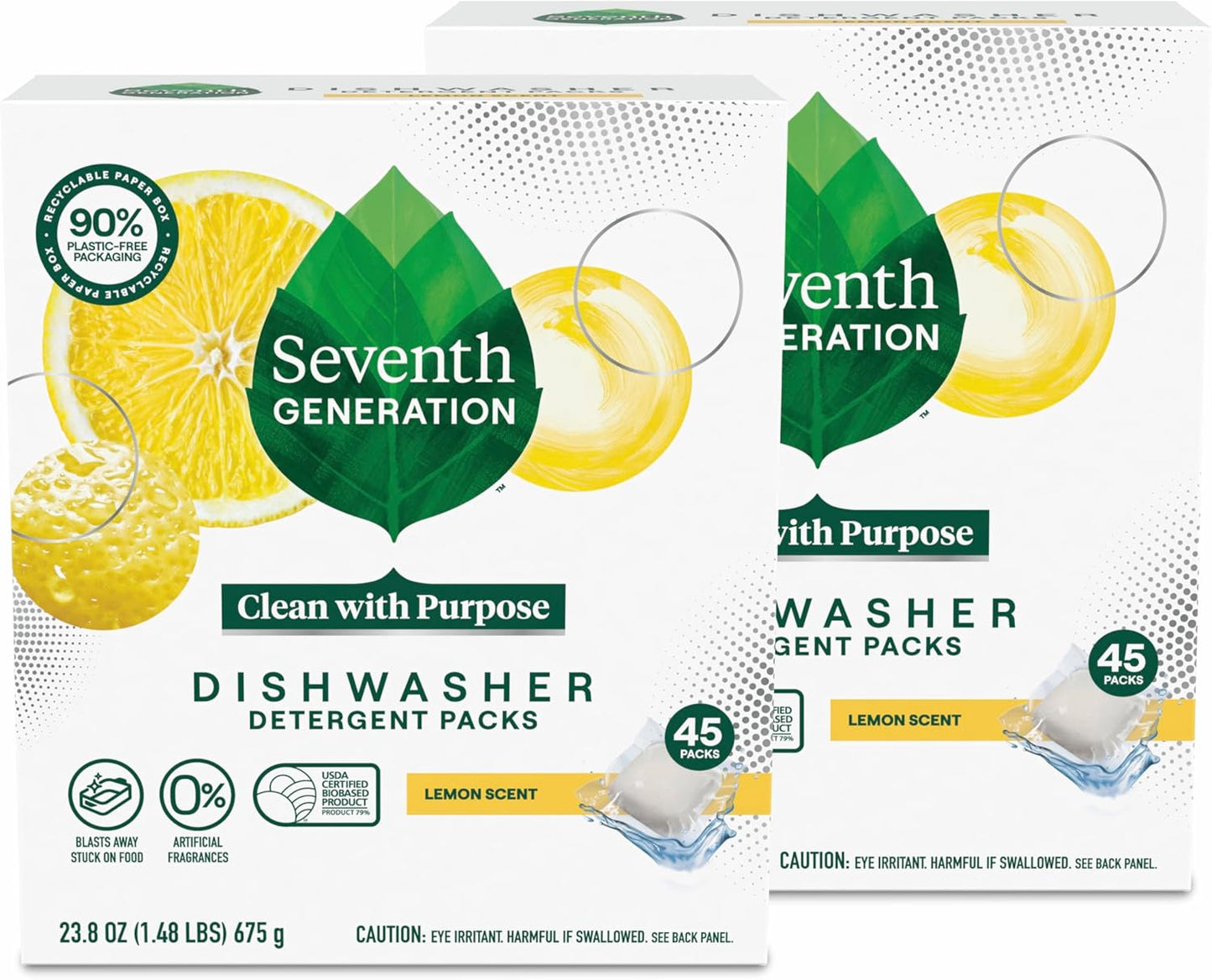 Seventh Generation Dishwasher Detergent Packs, Free & Clear, 45 Count, Pack of 2, Plant Powered Cleaning, Fights Greasy Reside & Stuck-On Food For Sparkling Dishes, Fragrance-Free & Septic Safe