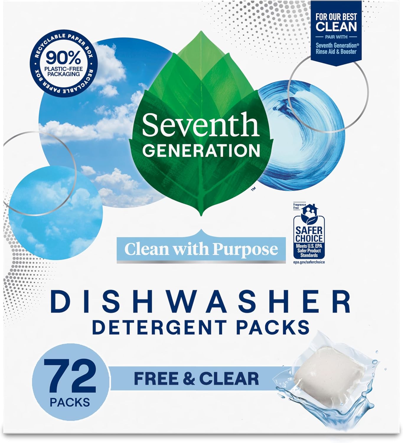 Seventh Generation Dishwasher Detergent Packs, Free & Clear, 45 Count, Pack of 2, Plant Powered Cleaning, Fights Greasy Reside & Stuck-On Food For Sparkling Dishes, Fragrance-Free & Septic Safe
