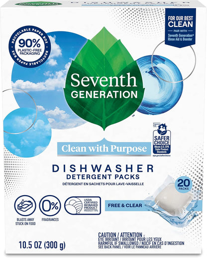 Seventh Generation Dishwasher Detergent Packs, Free & Clear, 45 Count, Pack of 2, Plant Powered Cleaning, Fights Greasy Reside & Stuck-On Food For Sparkling Dishes, Fragrance-Free & Septic Safe