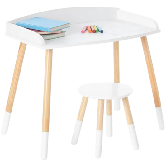 Modern Study Desk And Stool Set - White/Natural