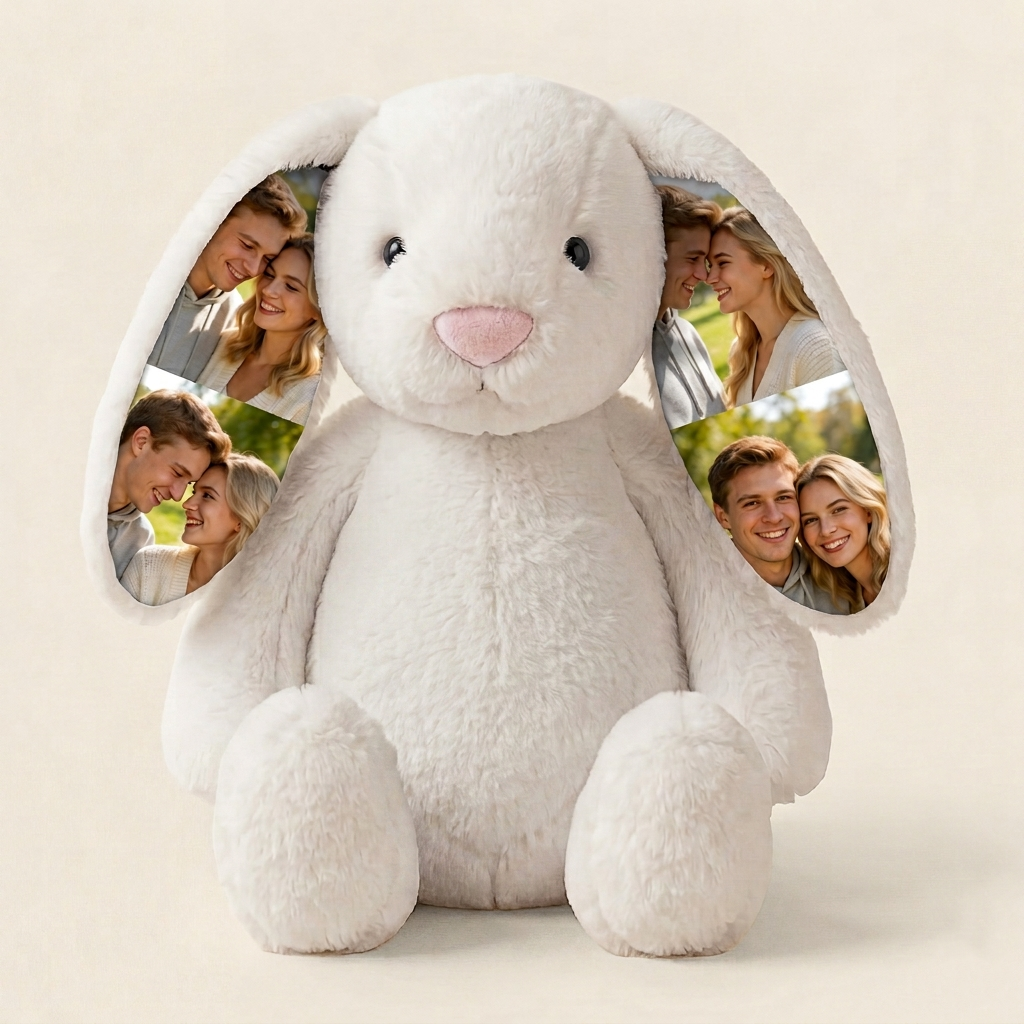 Custom Photo Bunny Plush – Personalized Hidden Ear Picture Bunny Gift for Couples Anniversary Gifts