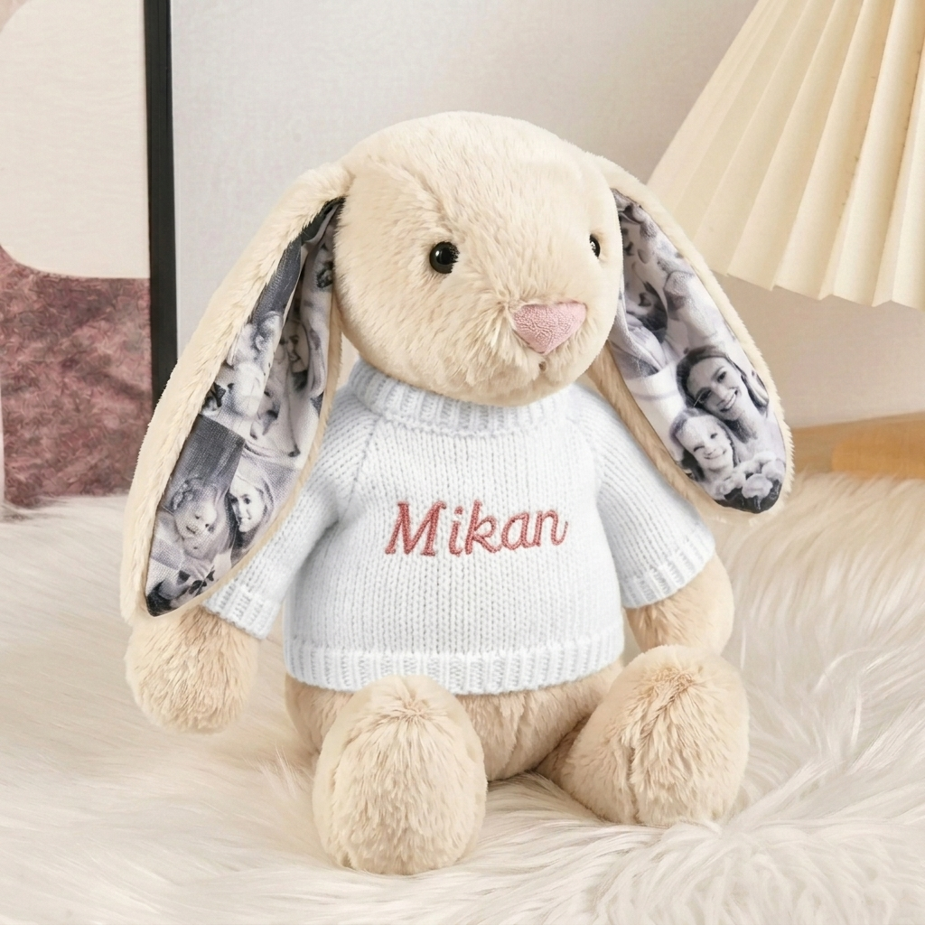 Custom Photo Bunny Plush – Personalized Hidden Ear Picture Bunny Gift for Couples Anniversary Gifts