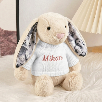 Custom Photo Bunny Plush – Personalized Hidden Ear Picture Bunny Gift for Couples Anniversary Gifts
