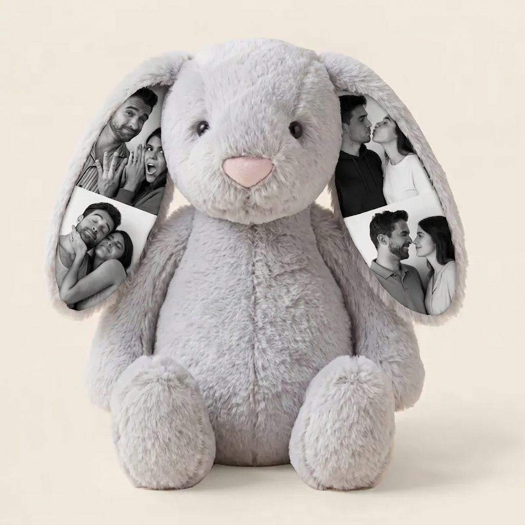 Custom Photo Bunny Plush – Personalized Hidden Ear Picture Bunny Gift for Couples Anniversary Gifts