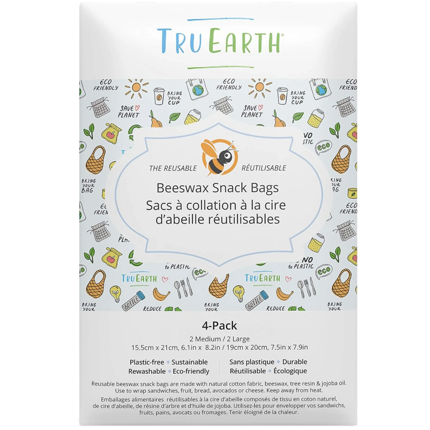 Beeswax Snack Bags 4 Pack - Contains 2 Medium & 2 Large Bags