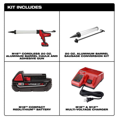 M18 18V Lithium-Ion Cordless 20 oz. Caulk and Adhesive Gun Kit Aluminum Sausage w/(1) 1.5Ah Battery, Charger