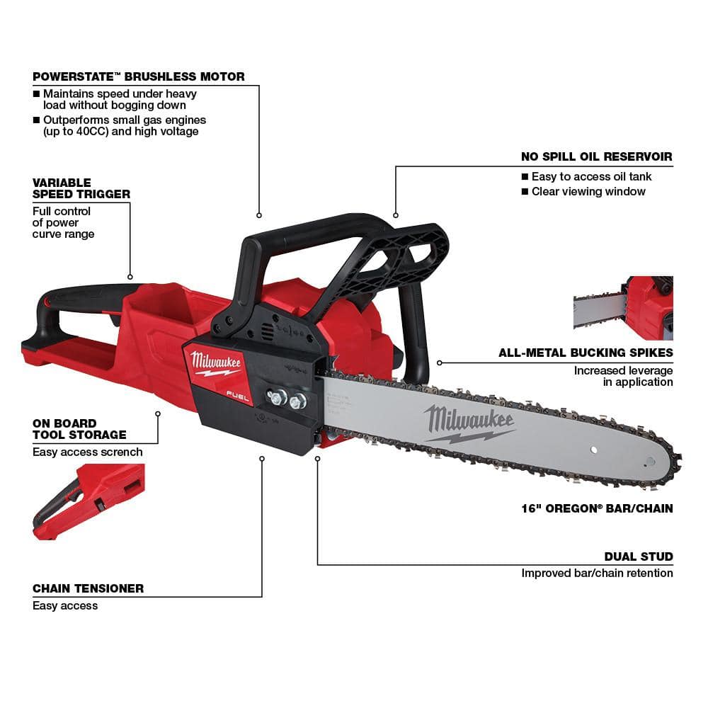 M18 FUEL 16 in. 18V Lithium-Ion Brushless Battery Chainsaw (Tool-Only)