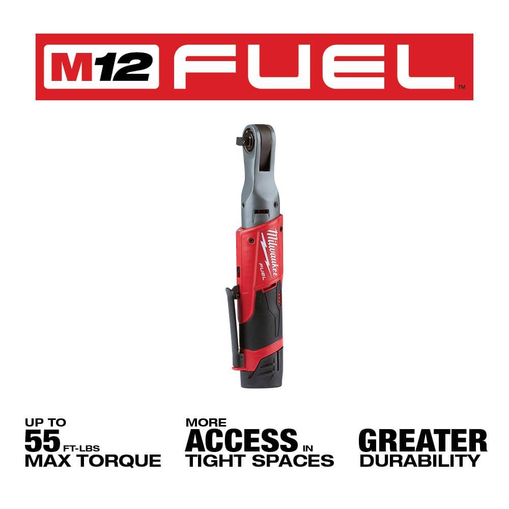M12 FUEL 12V Lithium-Ion Brushless Cordless 3/8 in. Ratchet Kit with (2) 2.0Ah Batteries, Charger & Tool Bag