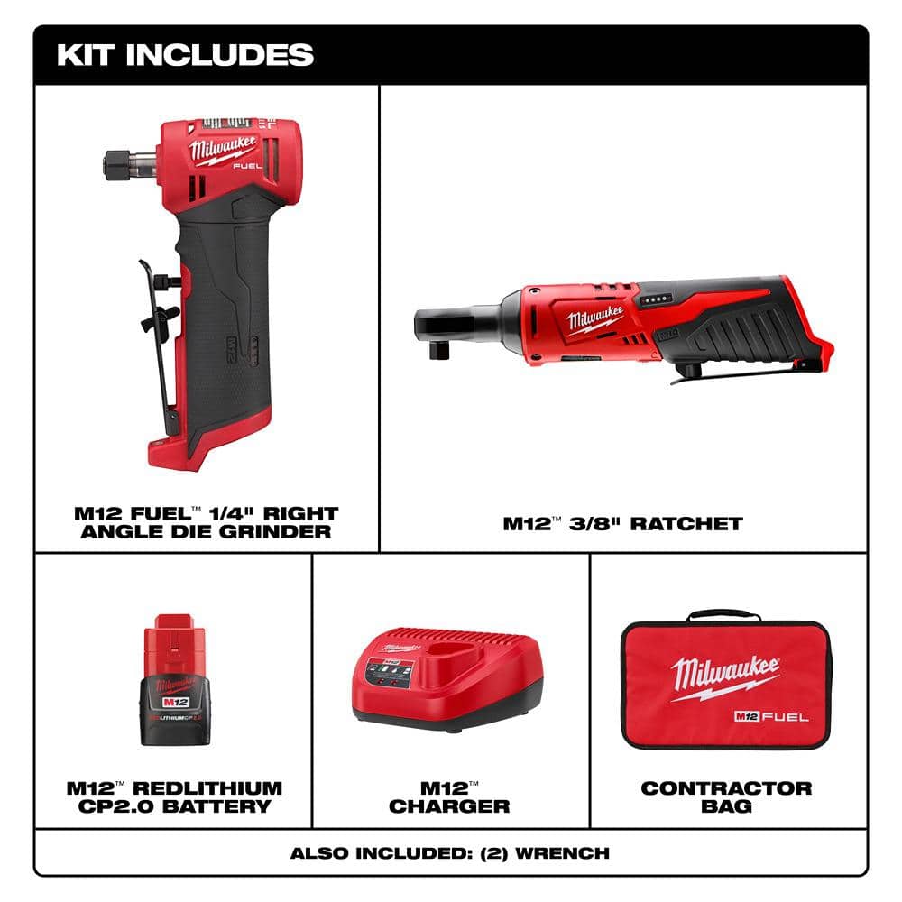 M12 FUEL 12V Lithium-Ion 1/4 in. Cordless Right Angle Die Grinder Kit with M12 Lithium-Ion Cordless 3/8 in. Ratchet
