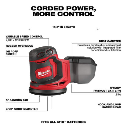 M18 18V Lithium-Ion Cordless 5 in. Random Orbit Sander with (1) 5.0 Ah, (1) 2.0 Ah Battery and Charger