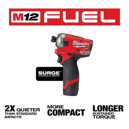 M12 FUEL SURGE 12V Lithium-Ion Brushless Cordless 1/4 in. Hex Impact Driver Compact Kit w/ M12 3/8 in. Ratchet