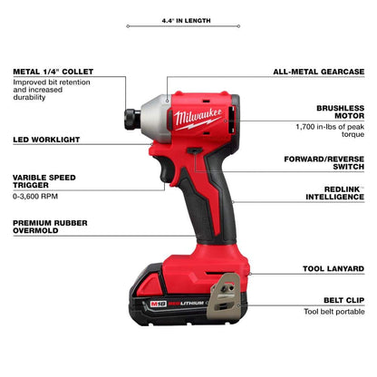 M18 18V Lithium-Ion Brushless Cordless 1/4 in. Impact Driver Kit with Two 2.0 Ah Batteries and Charger
