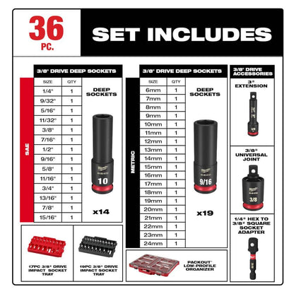 SHOCKWAVE Impact-Duty 3/8 in. Drive Metric and SAE Deep Well Impact PACKOUT Socket Set (36-Piece)