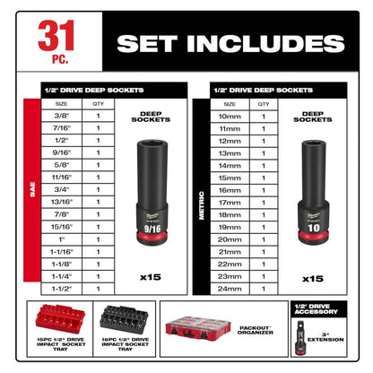 SHOCKWAVE Impact-Duty 1/2 in. Drive Metric and SAE Deep Well Impact PACKOUT Socket Set (31-Piece)