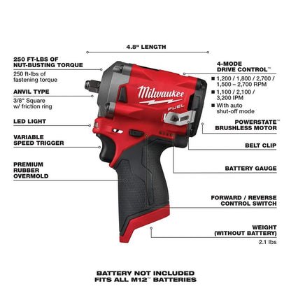 M12 FUEL 12V Lithium-Ion Brushless Cordless Stubby 3/8 in. Impact Wrench (Tool-Only)