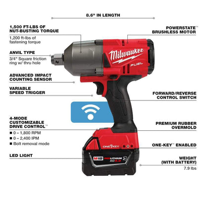M18 FUEL ONE-KEY 18V Li-Ion Brushless Cordless 3/4 in. High-Torque Impact Wrench with Friction Ring, Resistant Batteries