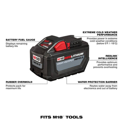 M18 FUEL 18V Lithium Ion Brushless Cordless 1 in. Impact Wrench Extended Reach D Handle and HIGH OUTPUT 12Ah Battery
