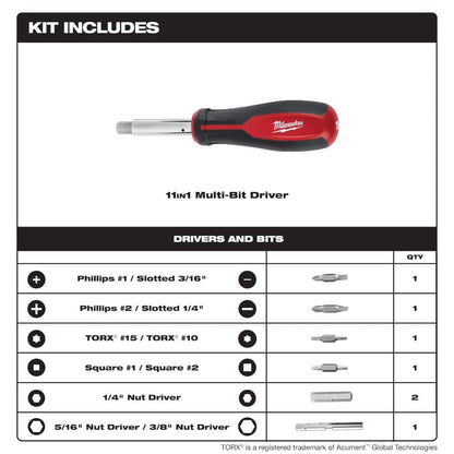 11-in-1 Multi-Tip Combination Screwdriver with Square Drive Bits