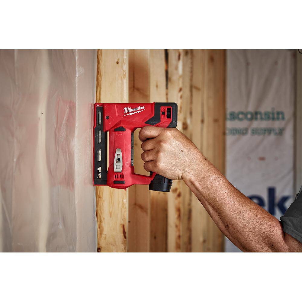 M12 12-Volt Lithium-Ion Cordless 3/8 in. Crown Stapler with M12 Compact 2.0 Ah Battery (2-Pack) Starter Kit and Charger