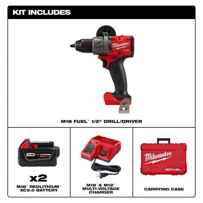 M18 FUEL 18V Lithium-Ion Brushless Cordless 1/2 in. Drill/Driver Kit W/(2) 5.0Ah Batteries, Charger, and Hard Case