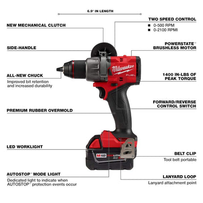 M18 FUEL 18V Lithium-Ion Brushless Cordless 1/2 in. Drill/Driver Kit W/(2) 5.0Ah Batteries, Charger, and Hard Case