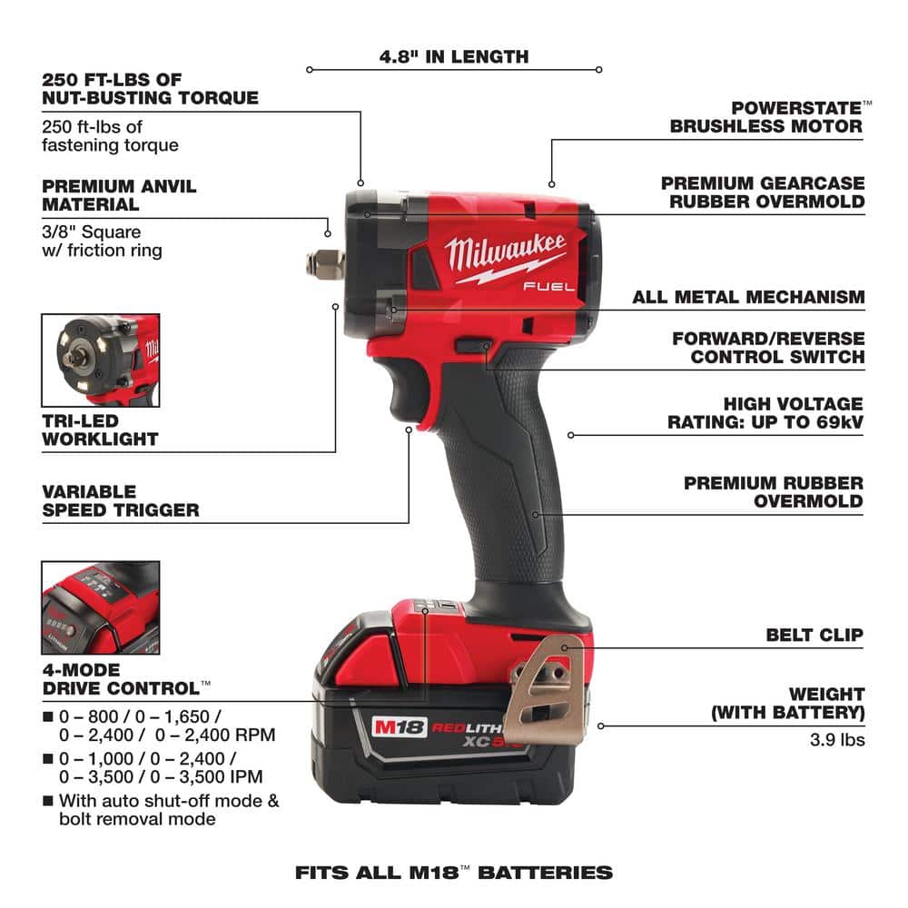 M18 FUEL 18V Lithium-Ion Brushless Cordless Grinder & 3/8 in. Impact Wrench Combo Kit (2-Tool) w/ Two 5Ah Batteries
