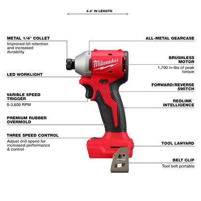 M18 18-Volt Lithium-Ion Brushless Cordless Compact Hammer Drill/Impact Combo Kit (2-Tool) with (2) Batteries, Bag