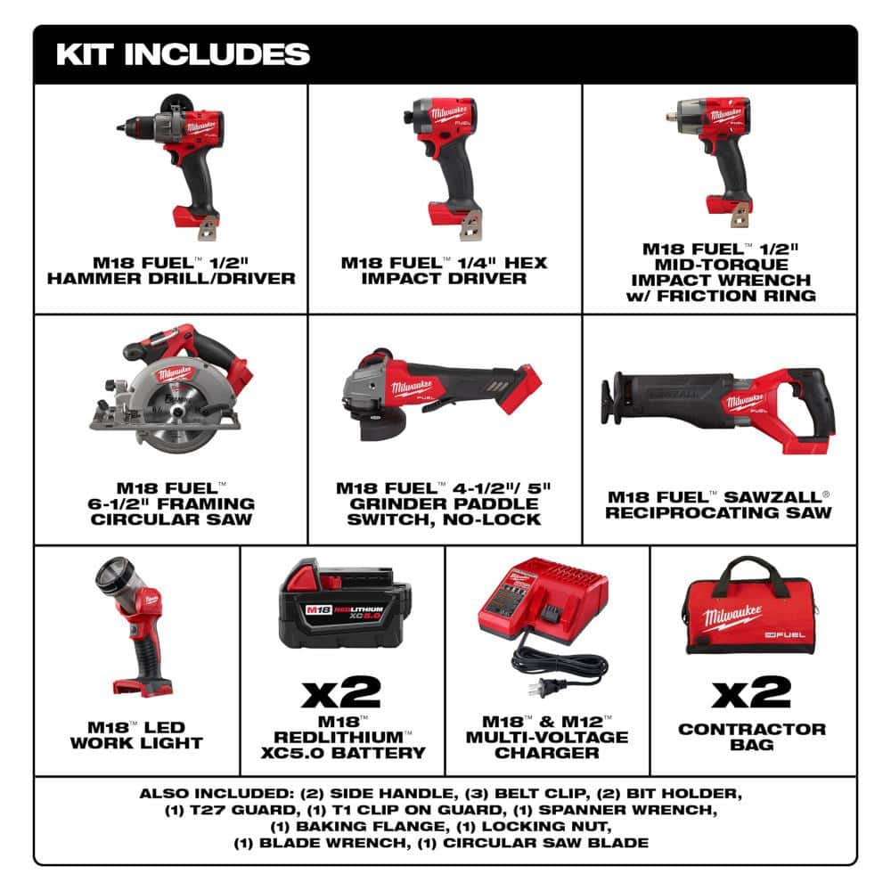 M18 FUEL 18V Lithium-Ion Brushless Cordless Combo Kit with (2) 5.0 Ah Batteries (7-Tool) & Deep Cut Band Saw