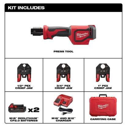 M18 18V Lithium-Ion Cordless Short Throw Press Tool Kit with 3 PEX Crimp Jaws (2) 2.0 Ah Batteries and Charger