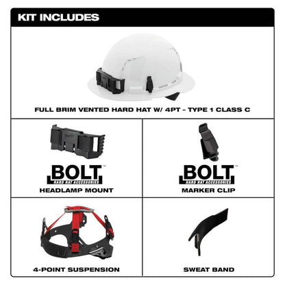 BOLT White Type 1 Class C Full Brim Vented Hard Hat with 4 Point Ratcheting Suspension